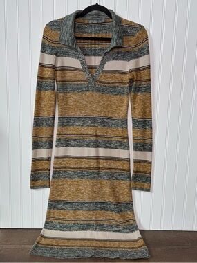 prAna Acadia Organic Cotton Striped Sweater Dress Small Ribbed Collared Boho